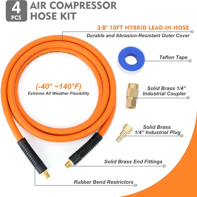 FYPower Air Compressor Whip Hose 3/8 Inch x 10 Feet Lead in Hybrid Hose with Fittings, Flexible and Kink Resistant, 1/4" Industrial Quick Coupler and Plug Kit - Image 2
